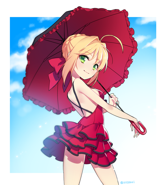 Anime picture 800x880 with fate (series) fate/extra nero claudius (fate) nero claudius (fate/extra) zn (zzzzzni) single tall image looking at viewer fringe short hair blonde hair smile holding green eyes signed payot cloud (clouds) ahoge bare back girl