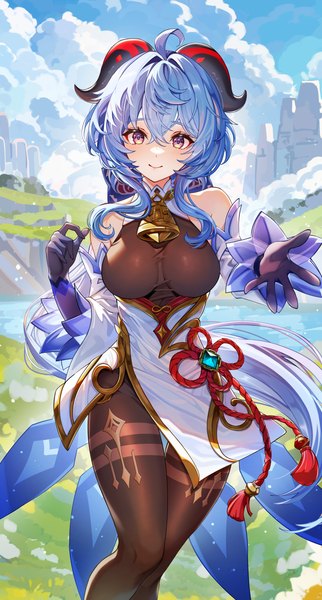 Anime picture 1609x3000 with genshin impact ganyu (genshin impact) chen ying (alan-yut) single long hair tall image looking at viewer fringe breasts light erotic smile hair between eyes purple eyes blue hair sky cloud (clouds) ahoge outdoors horn (horns) low ponytail
