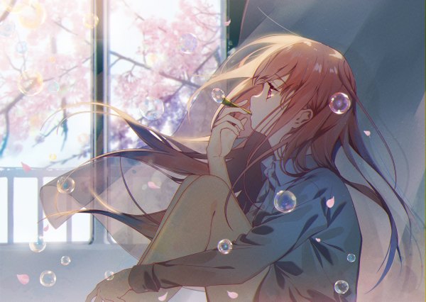 Anime picture 1200x853 with original omutatsu single long hair fringe red eyes brown hair sitting holding looking away bent knee (knees) indoors profile wind bubble blowing girl shirt petals window curtains