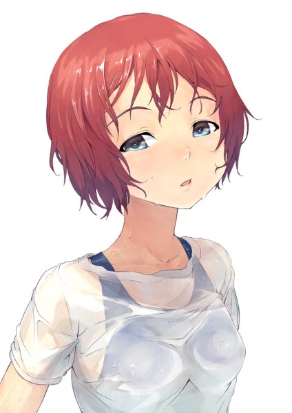 Anime picture 1061x1500 with original risou (maeda risou) single tall image short hair blue eyes simple background white background red hair wet clothes transparent wet t-shirt girl t-shirt