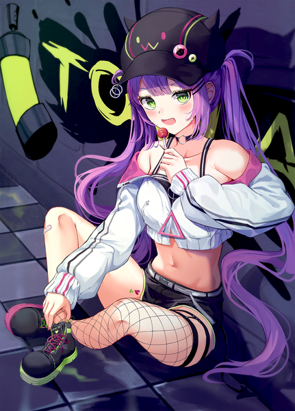 Anime picture 1500x2087 with virtual youtuber hololive tokoyami towa tokoyami towa (1st costume) seero single long hair tall image looking at viewer blush fringe short hair breasts open mouth smile sitting twintails bare shoulders holding green eyes