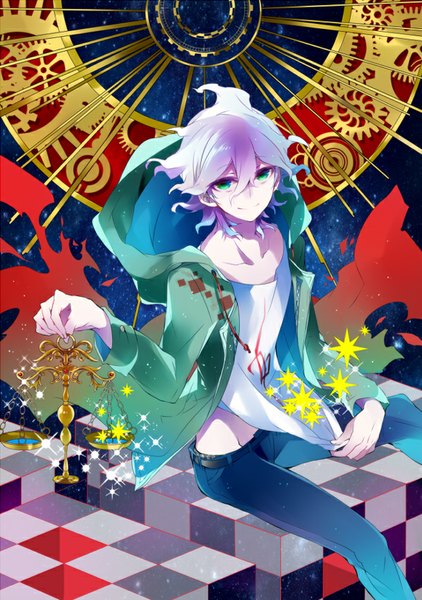 Anime picture 598x849 with dangan ronpa super dangan ronpa 2 komaeda nagito kudan (pixiv) single tall image looking at viewer short hair smile sitting holding green eyes purple hair bent knee (knees) aqua eyes light smile open clothes open jacket torn clothes checkered floor