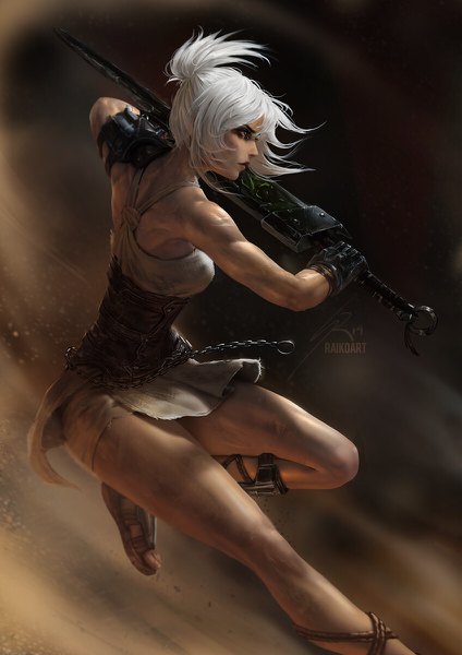 Anime picture 848x1200 with league of legends riven (league of legends) raikoart single tall image short hair breasts bare shoulders holding signed looking away silver hair full body bent knee (knees) ponytail profile black eyes blurry realistic floating hair