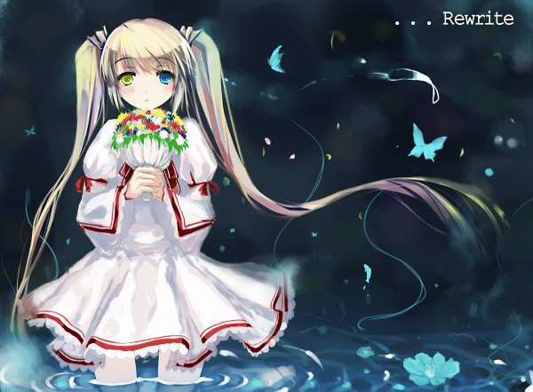 Anime picture 1200x883 with rewrite nakatsu shizuru hareno chiame (artist) long hair blonde hair twintails heterochromia girl dress flower (flowers) petals water insect butterfly bouquet