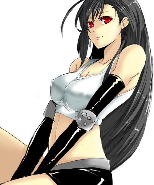 Anime picture 2500x3000 with final fantasy square enix tifa lockhart pizaya single long hair tall image highres breasts light erotic black hair simple background red eyes white background bare shoulders midriff covered nipples girl skirt miniskirt