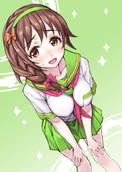 Anime picture 850x1200 with idolmaster idolmaster cinderella girls senkawa chihiro matsuryuu single long hair tall image looking at viewer blush brown hair brown eyes braid (braids) from above single braid girl skirt uniform miniskirt serafuku hairband