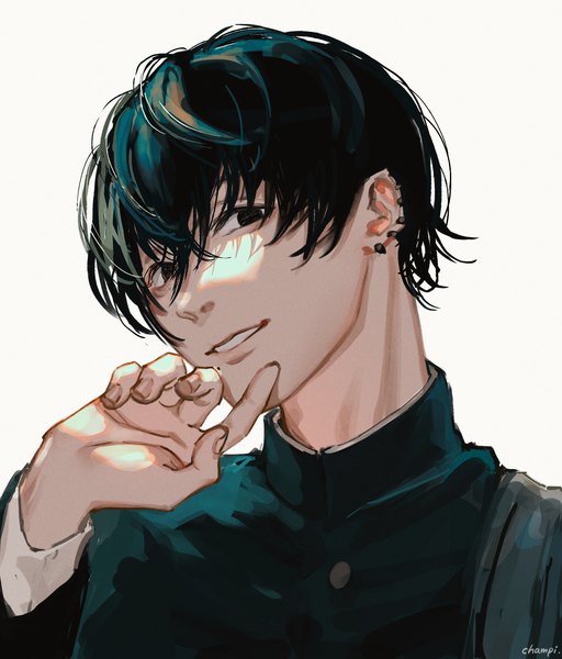 Anime picture 1609x1887 with chainsaw man mappa yoshida hirofumi champi single tall image looking at viewer fringe short hair black hair simple background smile hair between eyes white background signed upper body black eyes piercing ear piercing boy
