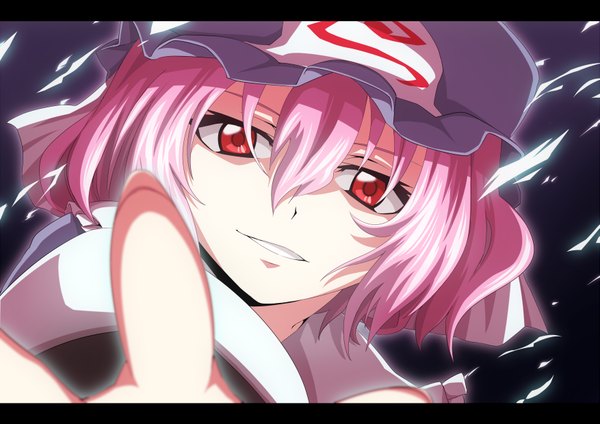 Anime picture 1753x1240 with touhou saigyouji yuyuko bisuke (k step2009) highres short hair smile red eyes pink hair letterboxed face foreshortening girl bonnet