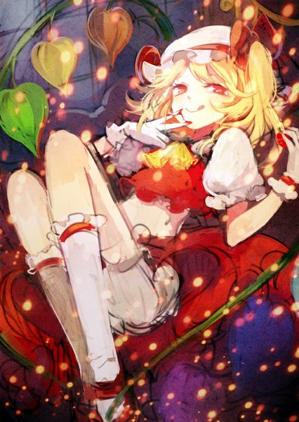 Anime picture 600x844 with touhou flandre scarlet siting zeng single tall image looking at viewer short hair blonde hair smile red eyes lying finger to mouth victory alternate wings girl skirt gloves wings socks white gloves