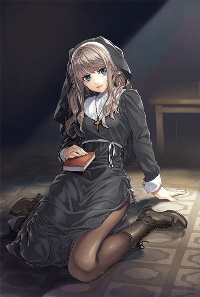 Anime picture 861x1280 with original luna (reclaimed land) single long hair tall image fringe blue eyes brown hair sitting full body arm support wariza side slit nun girl pantyhose boots book (books) cross sleeve cuffs