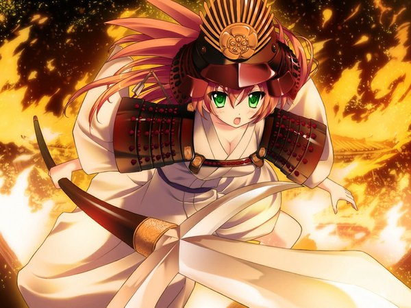 Anime picture 1024x768 with ouka sengoku! oda nobunaga (ouka sengoku) long hair open mouth green eyes game cg red hair girl weapon fire