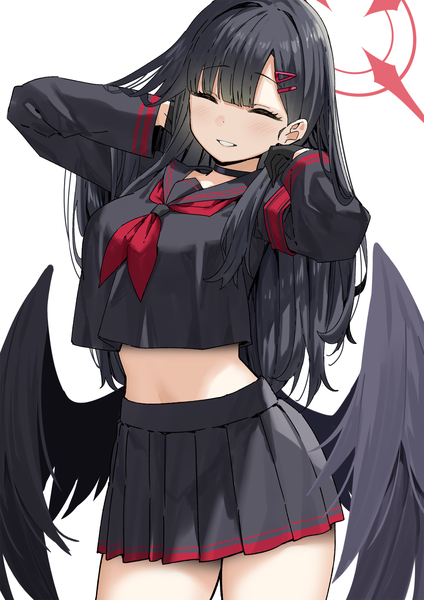 Anime picture 1448x2048 with blue archive ichika (blue archive) sky-freedom single long hair tall image fringe black hair simple background smile standing white background blunt bangs eyes closed pleated skirt midriff adjusting hair ^ ^ black wings low wings