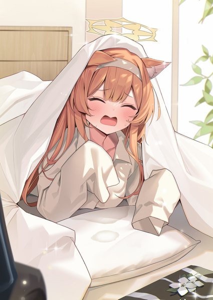 Anime picture 2900x4096 with blue archive mari (blue archive) netisz single long hair tall image blush fringe highres open mouth animal ears payot indoors lying blunt bangs eyes closed long sleeves orange hair sweatdrop on stomach