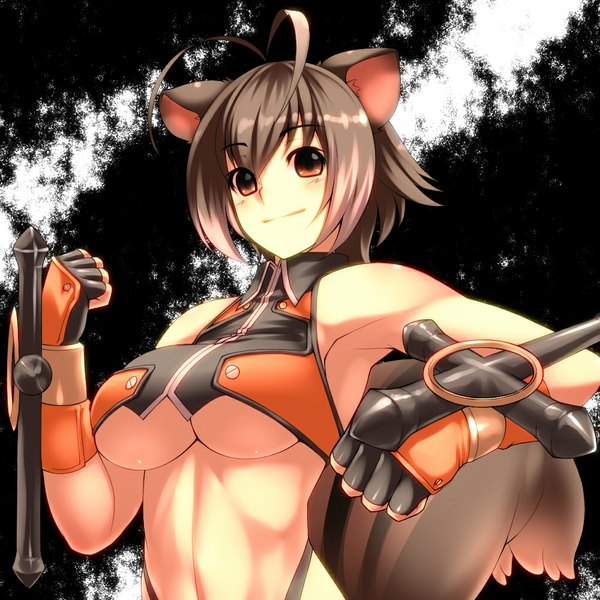 Anime picture 1000x1000 with tro single blush short hair breasts light erotic black hair bare shoulders brown eyes animal ears animal tail light smile armpit (armpits) girl gloves weapon