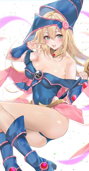 Anime picture 1064x2030 with yu-gi-oh! dark magician girl mexif single long hair tall image looking at viewer fringe open mouth blue eyes light erotic blonde hair hair between eyes cleavage :d victory blush stickers girl hat leotard