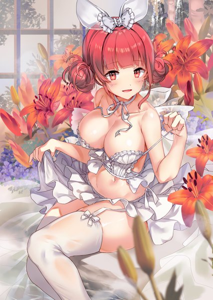 Anime picture 2528x3555 with original kyjsogom single tall image looking at viewer blush fringe highres short hair breasts open mouth light erotic red eyes large breasts sitting payot bent knee (knees) red hair indoors blunt bangs