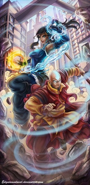 Anime picture 600x1226 with avatar: the last airbender avatar: the legend of korra nickelodeon korra aang edgarsandoval long hair tall image open mouth blue eyes black hair smile ponytail lips armpit (armpits) alternate costume magic bald blank eyes girl