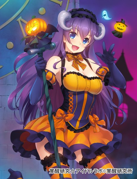 Anime picture 1340x1750 with original wacchi single long hair tall image looking at viewer blue eyes bare shoulders purple hair horn (horns) halloween girl thighhighs dress gloves black gloves elbow gloves headdress striped thighhighs jack-o'-lantern