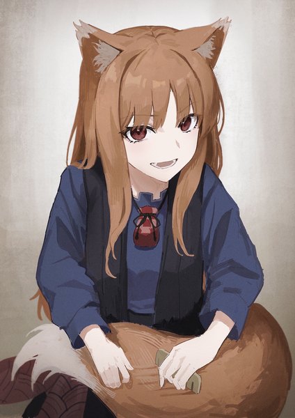 Anime picture 1500x2122 with spice and wolf horo nekoreito single long hair tall image open mouth simple background brown hair brown eyes animal ears tail :d animal tail grey background wolf ears wolf tail wolf girl girl comb