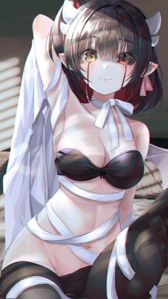 Anime picture 3600x6400 with original bbeedol single tall image looking at viewer blush fringe highres short hair light erotic smile hair between eyes red eyes brown hair sitting bare shoulders yellow eyes absurdres cleavage red hair