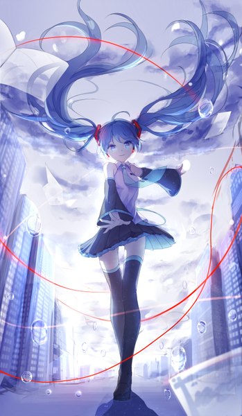 Anime picture 2039x3500 with vocaloid hatsune miku yue yue single long hair tall image looking at viewer fringe highres blue eyes smile twintails blue hair sky cloud (clouds) ahoge outdoors pleated skirt wind wide sleeves
