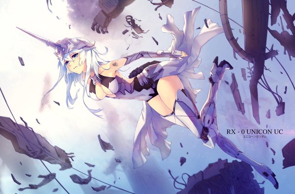 Anime picture 2000x1316 with original zomoto (graytone) single long hair highres breasts light erotic purple eyes looking away bent knee (knees) white hair horn (horns) tattoo high heels oni horns falling destruction mechanical girl gloves