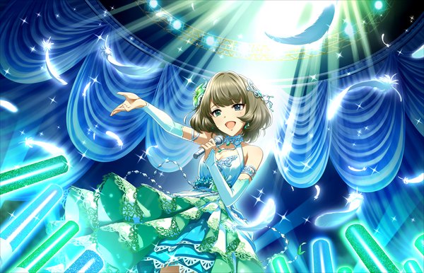 Anime picture 1280x824 with idolmaster idolmaster cinderella girls takagaki kaede single looking at viewer short hair open mouth brown hair heterochromia night wind's temptation girl dress hair ornament detached sleeves feather (feathers) microphone