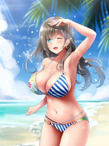 Anime picture 3233x4311 with original midoriiro no shinzou single long hair tall image blush fringe highres breasts open mouth light erotic hair between eyes standing looking away absurdres sky cleavage cloud (clouds) outdoors nail polish