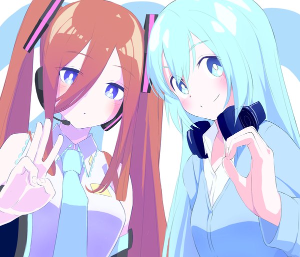 Anime picture 2000x1716 with go-toubun no hanayome vocaloid hatsune miku nakano miku kan long hair looking at viewer blush fringe highres blue eyes simple background smile hair between eyes brown hair twintails upper body aqua eyes aqua hair cosplay