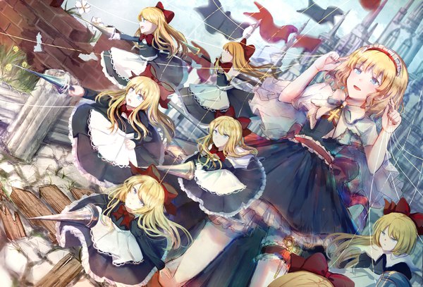 Anime picture 1280x869 with touhou alice margatroid shanghai pictor single long hair short hair open mouth blue eyes blonde hair standing looking away :d girl bow weapon hair bow headdress maid headdress garter (garters)
