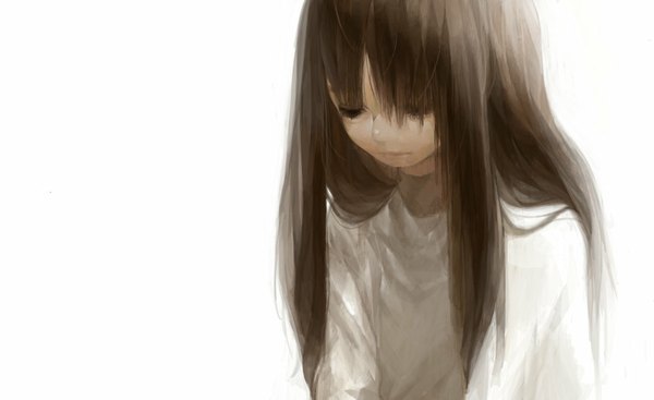 Anime picture 1121x686 with original kitada mo single long hair fringe simple background brown hair wide image white background black eyes looking down sad girl