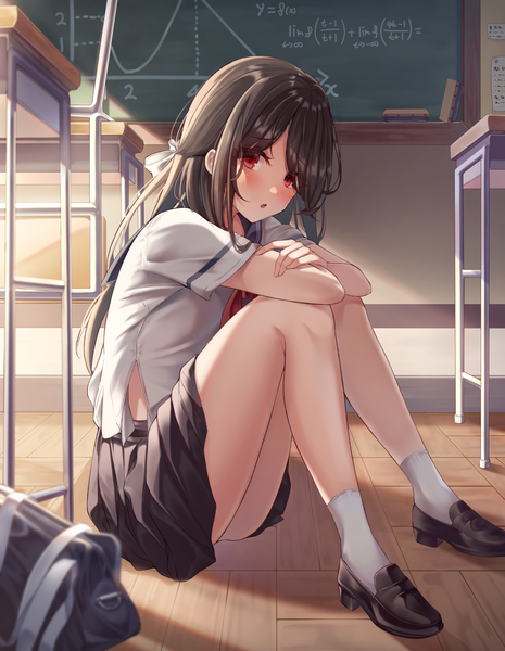 Anime picture 1550x2000 with original sira (user dswn7488) single long hair tall image looking at viewer blush fringe open mouth light erotic black hair red eyes sitting full body indoors pleated skirt :o shadow depth of field crossed arms