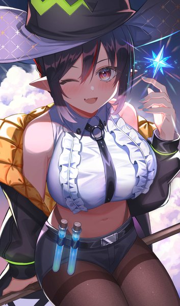 Anime picture 2500x4245 with virtual youtuber indie virtual youtuber isonade orca amahara subaru single tall image looking at viewer blush fringe highres short hair breasts open mouth light erotic black hair smile hair between eyes red eyes large breasts sitting