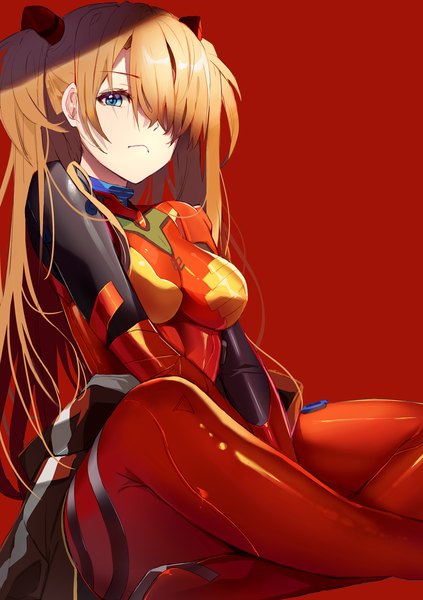 Anime picture 1500x2125 with neon genesis evangelion rebuild of evangelion evangelion: 3.0 you can (not) redo gainax soryu asuka langley shikinami asuka langley togo (pixiv6587511) single long hair tall image looking at viewer fringe breasts blue eyes simple background brown hair sitting hair over one eye two side up red background