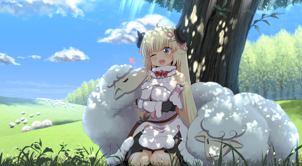 Anime picture 2246x1240 with virtual youtuber hololive tsunomaki watame mizunashi (second run) single long hair blush fringe highres open mouth blonde hair wide image sitting purple eyes signed looking away sky cloud (clouds) ahoge outdoors