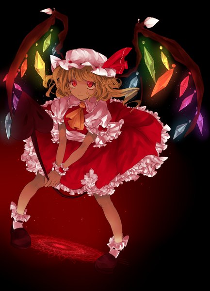 Anime picture 1300x1800 with touhou flandre scarlet hina (meru-yagami) single tall image fringe short hair blonde hair red eyes looking away leaning leaning forward puffy sleeves magic black background girl weapon wings frills bonnet