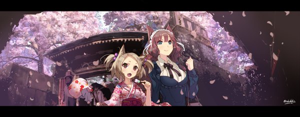 Anime picture 2000x781 with original sakuhiko long hair looking at viewer highres short hair blue eyes blonde hair smile brown hair wide image twintails multiple girls animal ears pink eyes hair flower cat ears cat girl cherry blossoms floral print