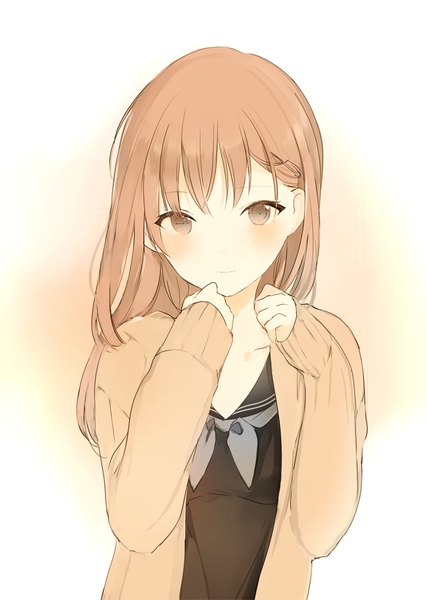 Anime picture 700x984 with original lpip single long hair tall image looking at viewer blush fringe simple background brown hair white background brown eyes upper body long sleeves hand to mouth girl uniform serafuku cardigan