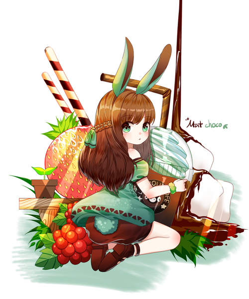 Anime picture 1500x1800 with original lepoule single long hair tall image blush fringe simple background brown hair white background sitting green eyes animal ears tail braid (braids) animal tail looking back bunny ears text bunny girl