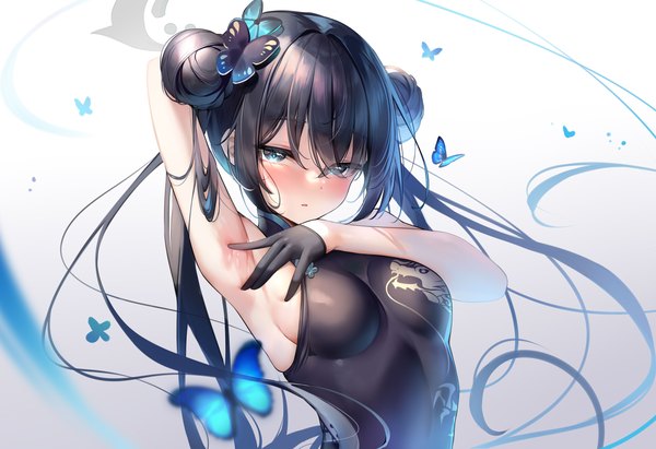 Anime picture 2560x1754 with blue archive kisaki (blue archive) meion single long hair looking at viewer blush fringe highres breasts blue eyes light erotic black hair simple background hair between eyes upper body arm up armpit (armpits) hair bun (hair buns) gradient background