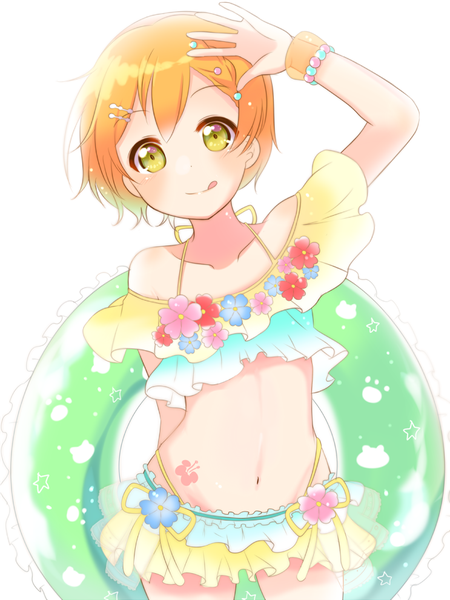 Anime picture 743x990 with love live! school idol project sunrise (studio) love live! hoshizora rin pimi (ringsea21) single tall image looking at viewer blush fringe short hair light erotic simple background smile standing white background bare shoulders green eyes head tilt arm up