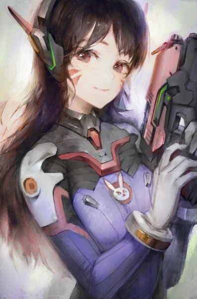 Anime picture 889x1342 with overwatch blizzard entertainment d.va (overwatch) hxxg single long hair tall image looking at viewer brown hair brown eyes upper body light smile facial mark whisker markings animal print bunny print girl weapon headphones bodysuit