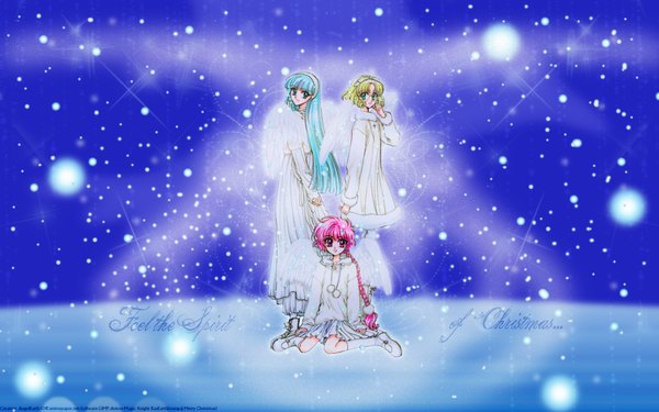 Anime picture 1920x1200 with magic knight rayearth clamp ryuuzaki umi shidou hikaru hououji fuu long hair highres short hair blue eyes blonde hair red eyes wide image sitting multiple girls green eyes blue hair pink hair back snowing winter