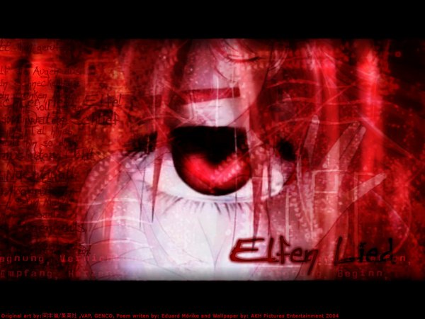 Anime picture 1024x768 with elfen lied arms corporation lucy long hair looking at viewer breasts red eyes bare shoulders red hair eyes closed nude inscription letterboxed close-up zoom layer ribbon (ribbons)