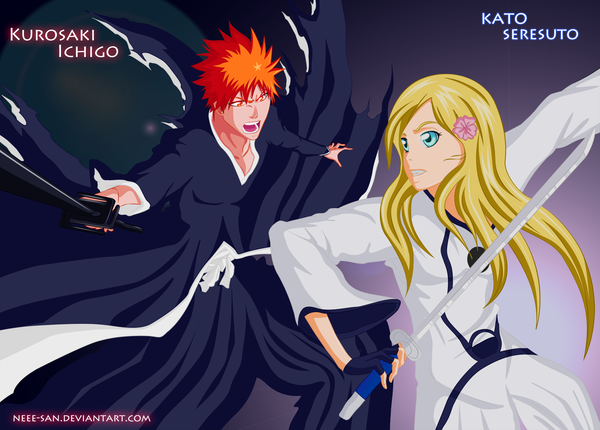 Anime picture 2000x1434 with bleach original studio pierrot kurosaki ichigo kato seresuto neee-san long hair highres short hair open mouth blonde hair japanese clothes hair flower aqua eyes orange hair inscription orange eyes grin coloring girl