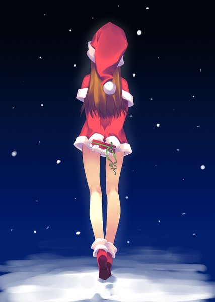 Anime picture 1138x1600 with original murakami suigun single long hair tall image brown hair sky from behind night bare legs night sky legs snowing christmas winter snow hands behind back merry christmas girl gloves