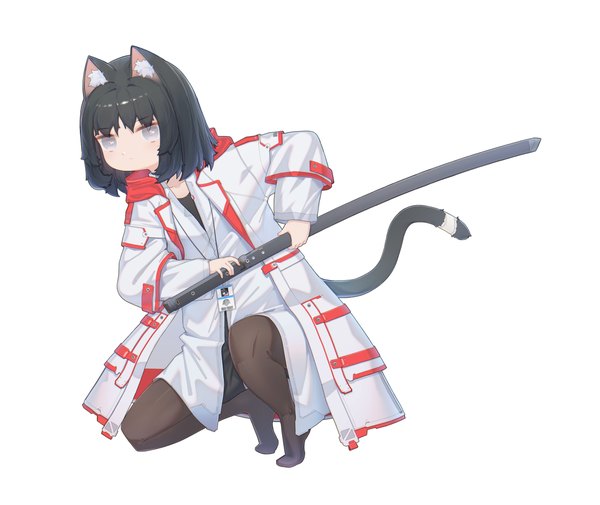 Anime picture 4096x3450 with original puremage single looking at viewer fringe highres short hair black hair simple background white background animal ears absurdres tail long sleeves animal tail cat ears open jacket cat girl cat tail no shoes