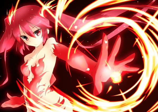 Anime picture 1024x724 with haiyore! nyaruko-san cthugha (nyaruko-san) shimpa single long hair light erotic red eyes twintails red hair girl gloves elbow gloves fire
