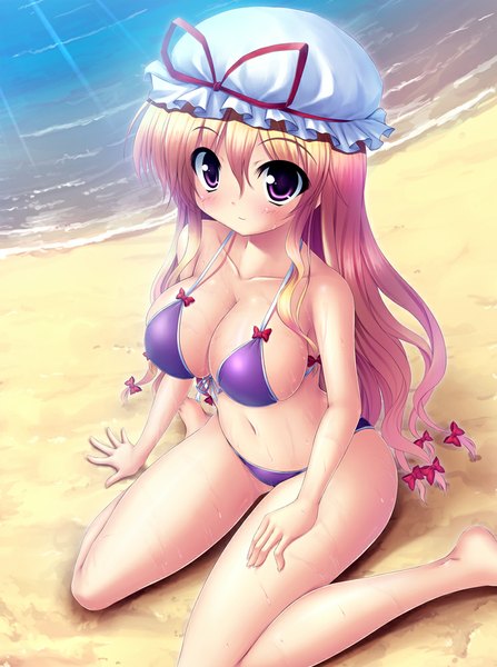 Anime picture 746x1000 with touhou yakumo yukari takeponi single long hair tall image looking at viewer blush breasts light erotic blonde hair large breasts purple eyes beach girl navel bow swimsuit hair bow bikini