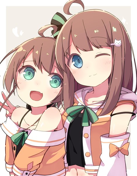 Anime picture 2363x3021 with virtual youtuber hololive natsuiro matsuri ma matsuri okota mikan long hair tall image looking at viewer fringe highres short hair open mouth blue eyes simple background smile brown hair multiple girls green eyes looking away ahoge